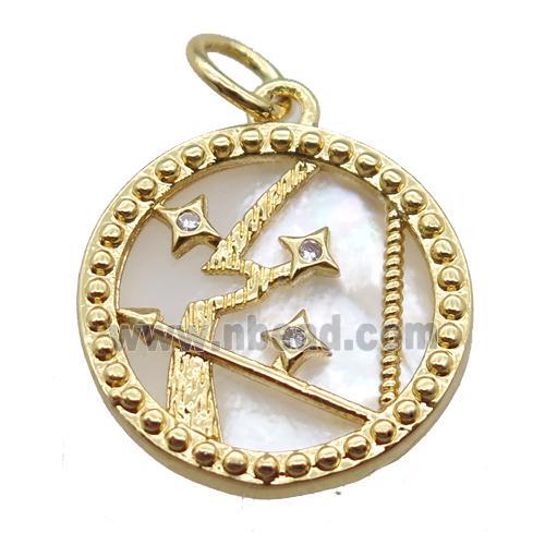 copper circle pendant paved zircon, Zodiac Sagittarius, shell backing, gold plated