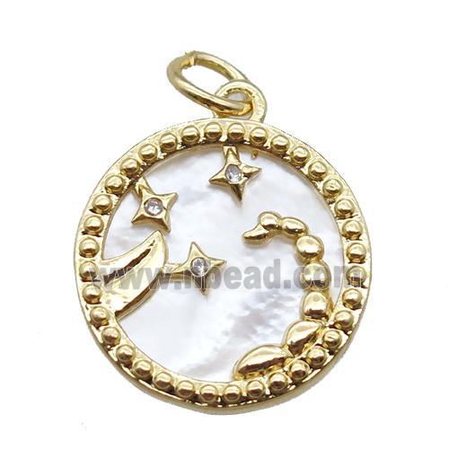 copper circle pendant paved zircon, Zodiac Scorpio, shell backing, gold plated