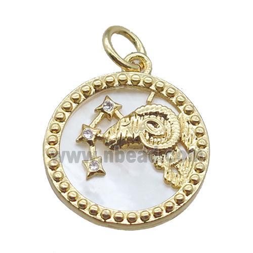 copper circle pendant paved zircon, Zodiac Aries, shell backing, gold plated