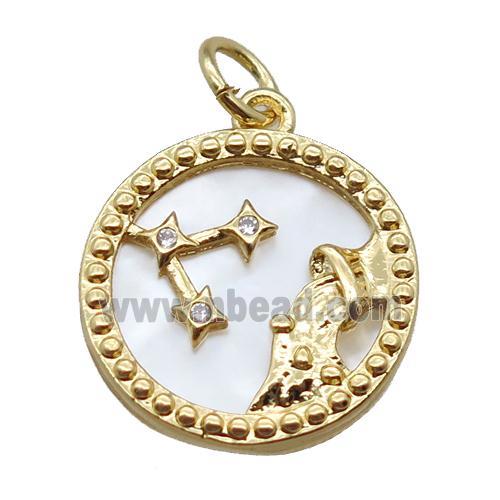 copper circle pendant paved zircon, Zodiac Aquarius, shell backing, gold plated
