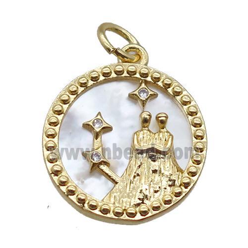 copper circle pendant paved zircon, Zodiac Gemini, shell backing, gold plated