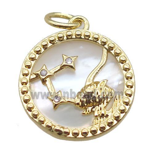copper circle pendant paved zircon, Zodiac Capricorn, shell backing, gold plated