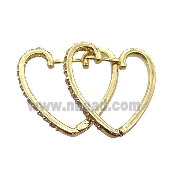 copper Latchback Earrings paved zircon, heart, gold plated