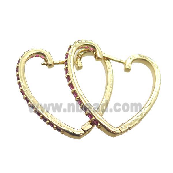 copper Latchback Earrings paved zircon, heart, gold plated
