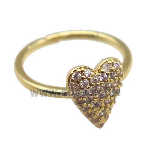 copper Rings pave zircon, heart, Resizable, gold plated