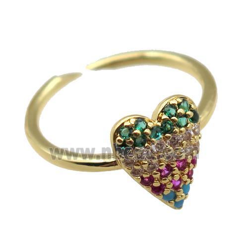 copper Rings pave zircon, heart, Resizable, gold plated