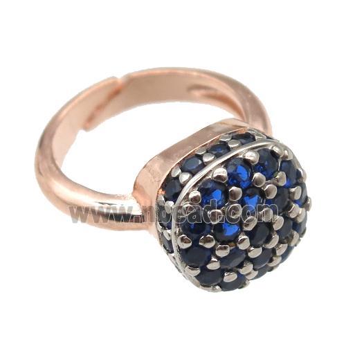 copper Rings pave blue zircon, Resizable, rose gold
