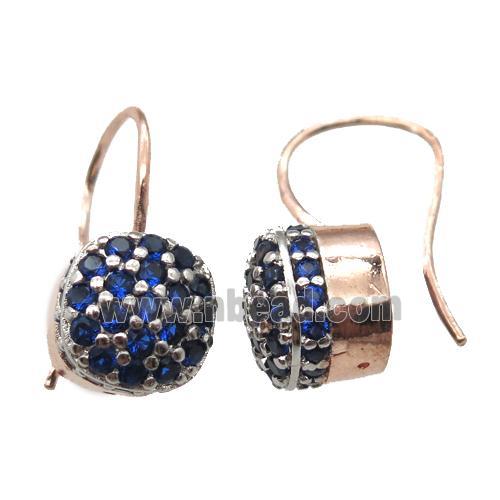 copper hook Earrings pave blue zircon, gold plated
