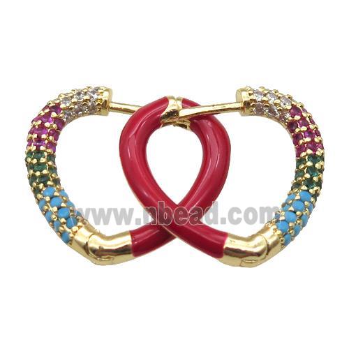 copper Latchback Earrings pave zircon with red Enameling, gold plated