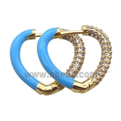 copper Latchback Earrings pave zircon with blue Enameling, gold plated