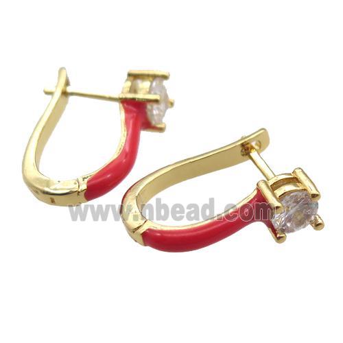 copper Latchback Earrings pave zircon with red Enameling, gold plated