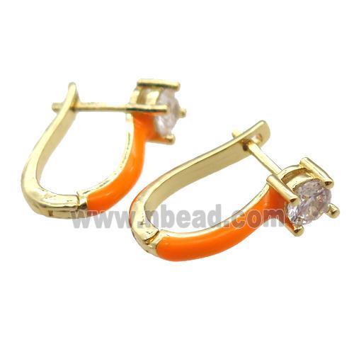 copper Latchback Earrings pave zircon with orange Enameling, gold plated
