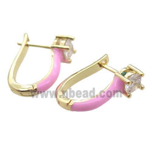 copper Latchback Earrings pave zircon with pink Enameling, gold plated