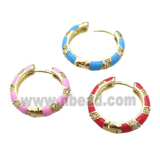 copper hoop Earrings pave zircon with Enameling, mixed, gold plated
