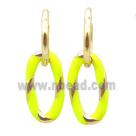 copper hoop Earring with yellow enameling, oval, gold plated