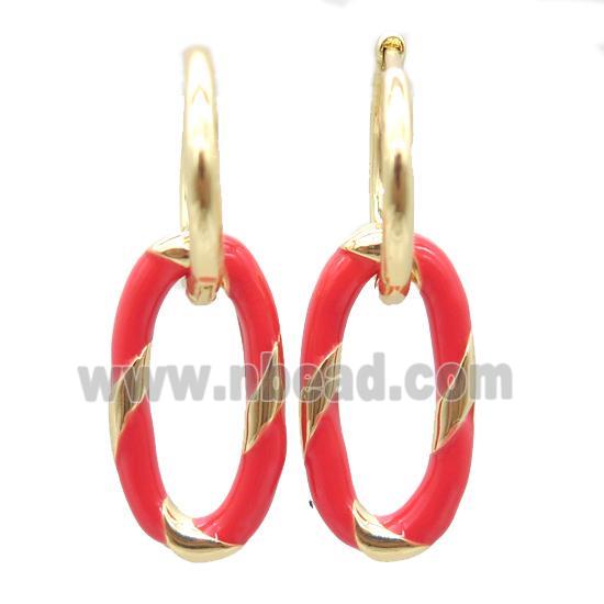 copper hoop Earring with red enameling, oval, gold plated