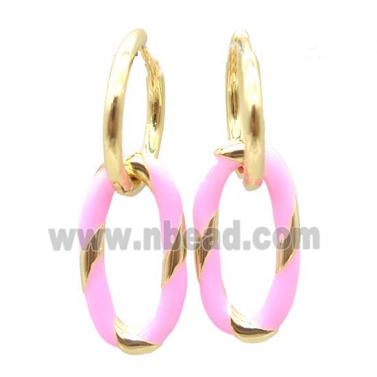 copper hoop Earring with pink enameling, oval, gold plated
