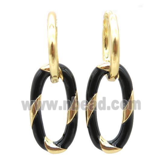 copper hoop Earring with black enameling, oval, gold plated