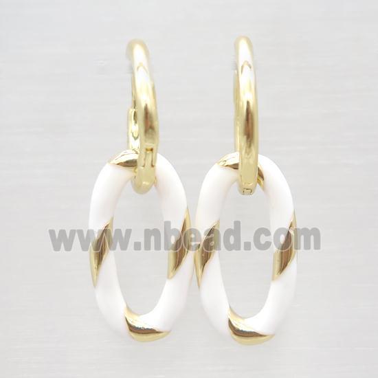 copper hoop Earring with white enameling, oval, gold plated