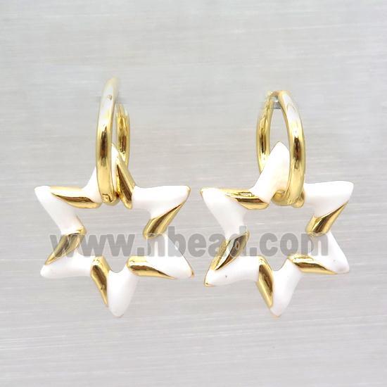 copper hoop Earring with white enameling, star, gold plated