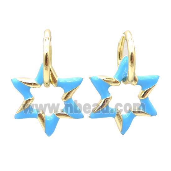 copper hoop Earring with blue enameling, star, gold plated