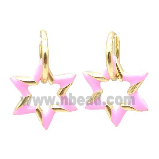 copper hoop Earring with pink enameling, star, gold plated