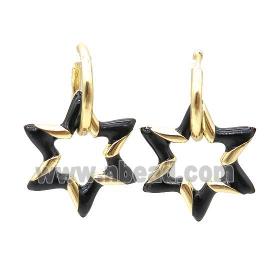 copper hoop Earring with black enameling, star, gold plated