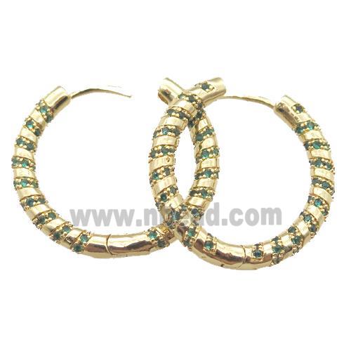 copper hoop earring pave green zircon, gold plated