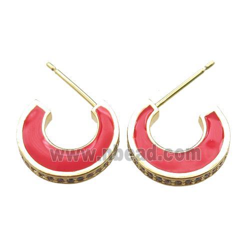 copper stud Earrings with red Enameling, gold plated