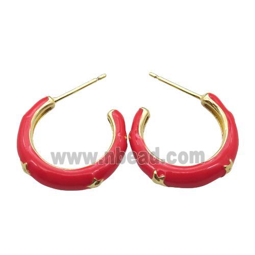 copper stud Earrings with red Enameling, gold plated
