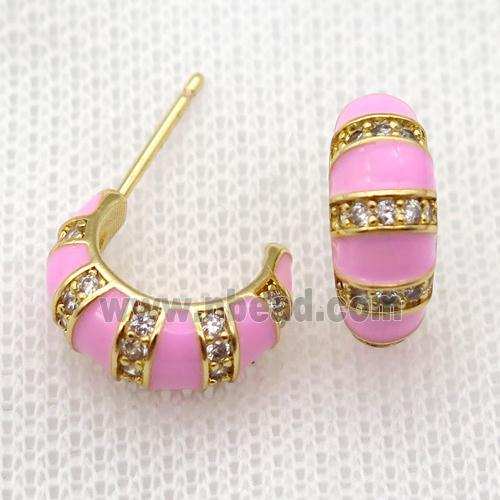 copper stud Earrings with pink Enameling, gold plated