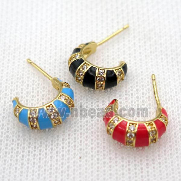 copper stud Earrings pave zircon with Enameling, mixed, gold plated