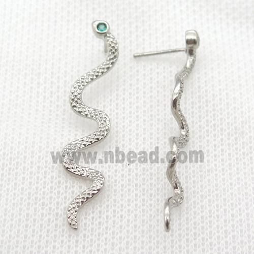 copper snake stud Earrings paved zircon, platinum plated