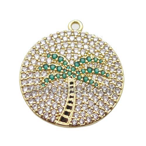 copper circle pendant pave zircon, coconut tree, gold plated