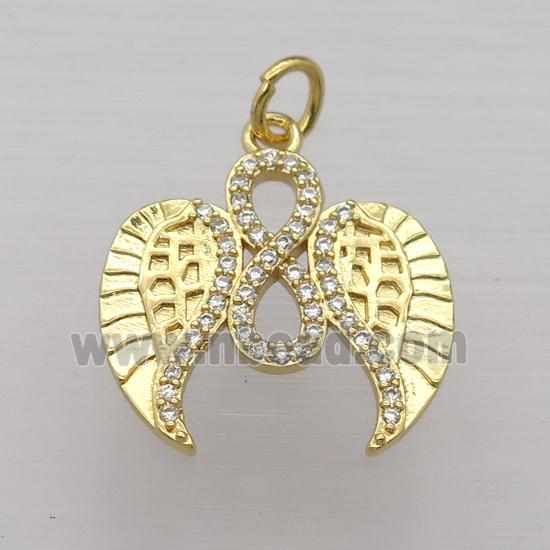 copper pendant pave zircon, angel wings, gold plated