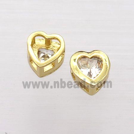 copper heart beads pave zircon, gold plated
