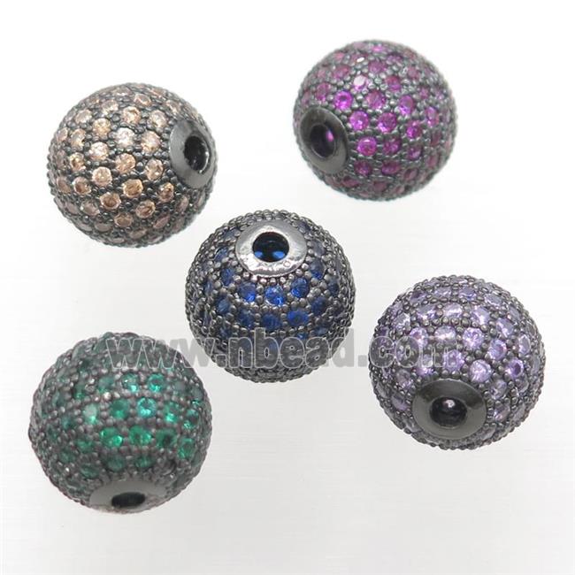 round copper beads pave zircon, black plated, mixed