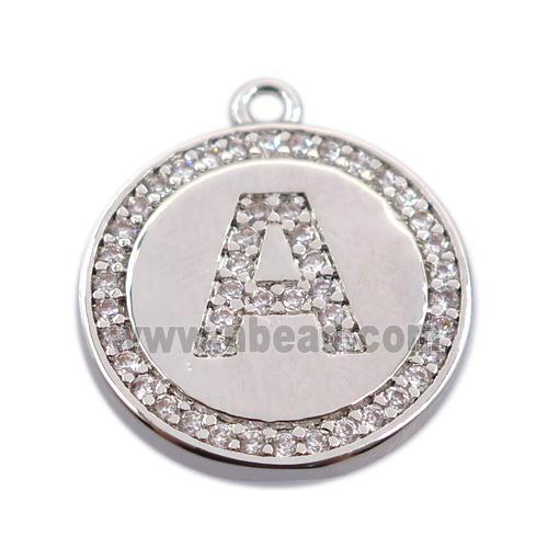 copper circle pendant pave zircon, letter A, platinum plated
