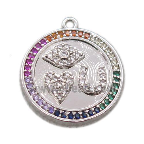 copper circle pendant pave zircon, platinum plated