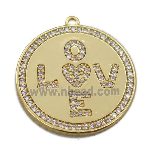 copper circle pendant pave zircon, LOVE, gold plated