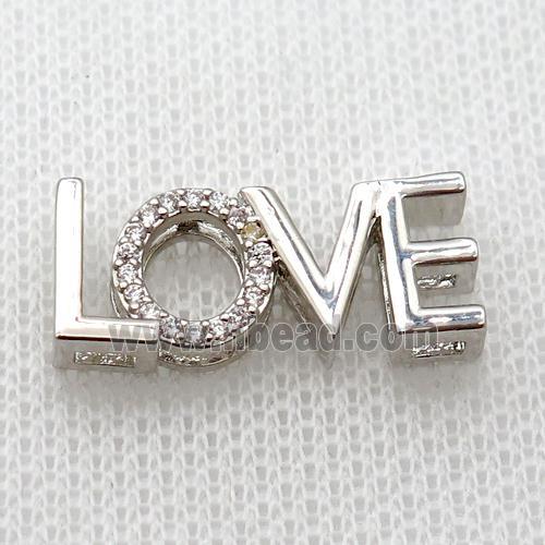 copper LOVE beads pave zircon, double hole, platinum plated