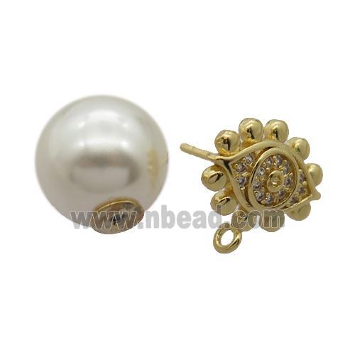 copper Stud Earrings pave zircon, pearl shell, gold plated