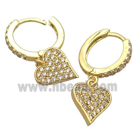 copper Hoop Earrings pave zircon with heart, gold plated