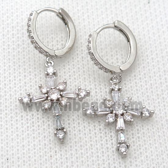 copper Hoop Earrings pave zircon with cross, platinum plated