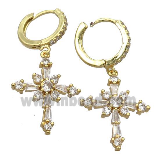 copper Hoop Earrings pave zircon with cross, gold plated