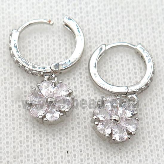 copper Hoop Earrings pave zircon with flower, platinum plated