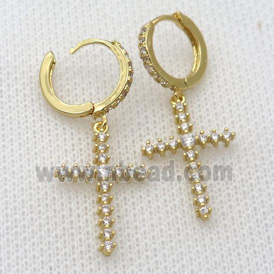 copper Hoop Earrings pave zircon with cross, gold plated