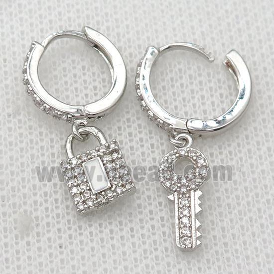 copper Hoop Earrings pave zircon with Key Lock, platinum plated