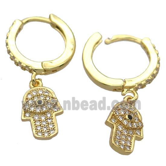 copper Hoop Earrings pave zircon with hamsahand, gold plated