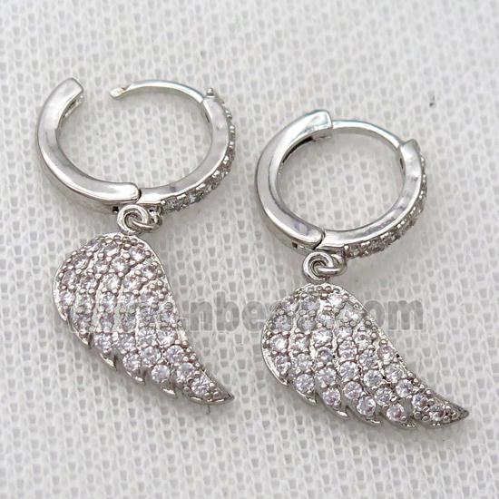 copper Hoop Earrings pave zircon with angelwings, platinum plated